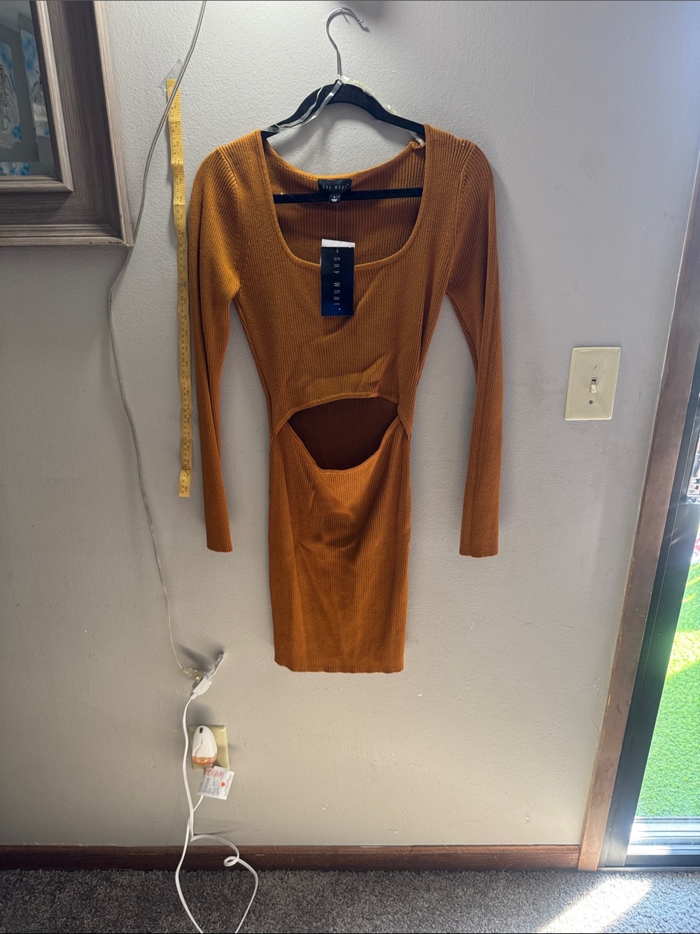 Say What? Light brown Long Sleeve Cutout Ribbed Bodycon Dress